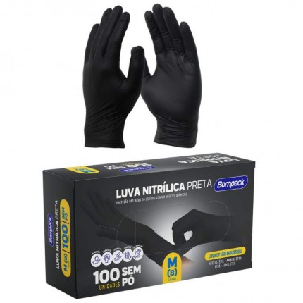 LUVA NITRILICA BOMPACK PRETA M C/100PC