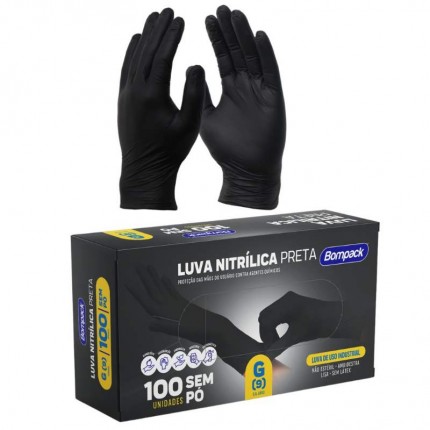 LUVA NITRILICA BOMPACK PRETA G C/100PC